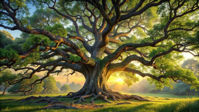 Ancient oak tree with twisted branches in serene countryside setting