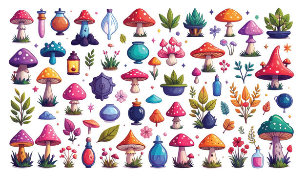 Colorful mushrooms and plants illustration.