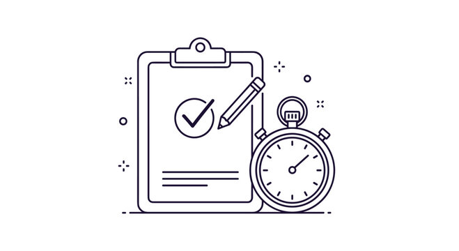 Checklist and productivity icon features a clipboard with a checkmark alongside a pencil and a running stopwatch.