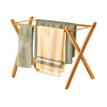 Foldable drying rack with towels isolated on white background