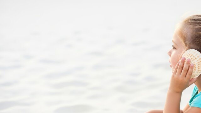 Girl listening to seashell on beach.