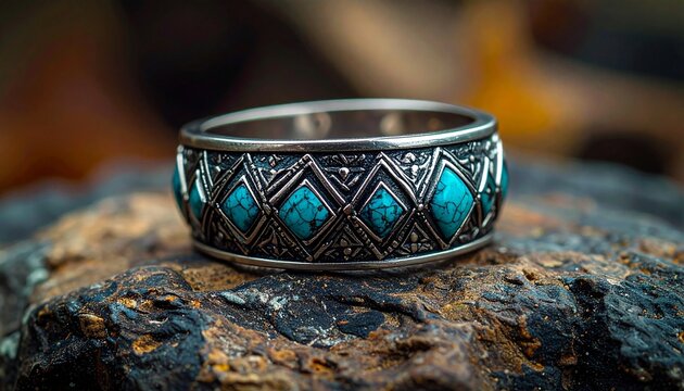 Close up view of a decorative silver ring featuring turquoise gemstone inlays sitting on a textured dark volcanic rock background.