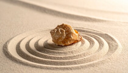 Naklejka premium A peaceful seashell resting in the center of a Zen sand garden with circular patterns representing balance harmony and calm meditation focus.