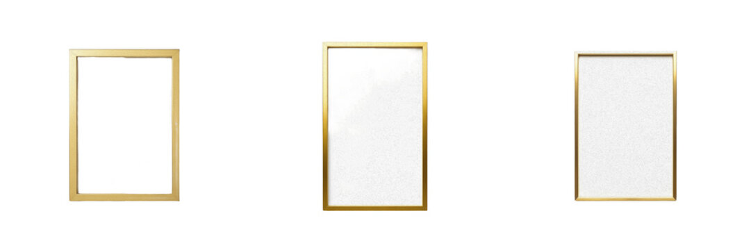 Set of Blank Gold Picture Frames Isolated on White Background, Modern Minimalist Rectangular Frames for Art, Photography, Posters or Interior Mockups, Elegant Metallic Border Elements, PNG Stock Image