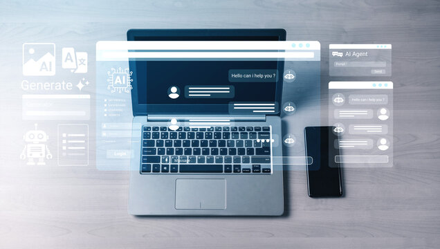 A modern laptop showcases advanced AI chat interfaces, reflecting interactive technology. A smartphone complements the setup on a sleek table, symbolizing innovation and connectivity. Ledger