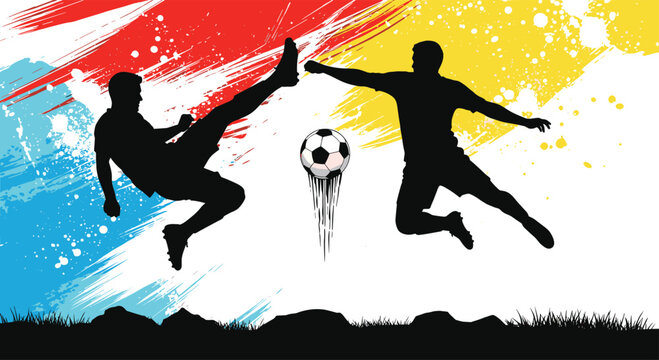 Dynamic soccer action with two player silhouettes competing for a ball against vibrant red, yellow, and blue splashes.
