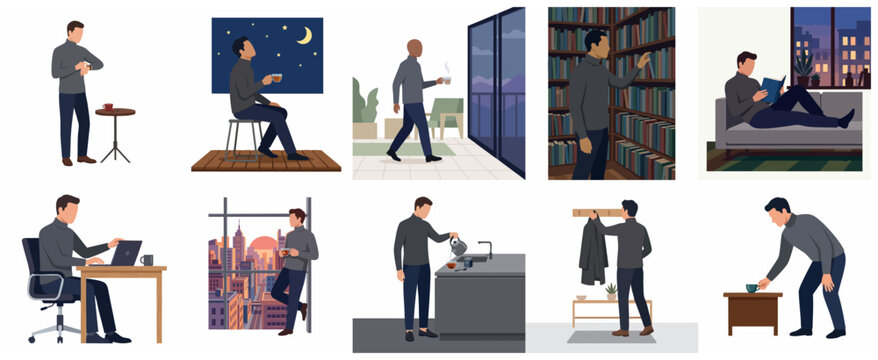 Set of daily routine illustrations showing a man working on a laptop, reading, drinking coffee, and relaxing at home in a modern flat vector style