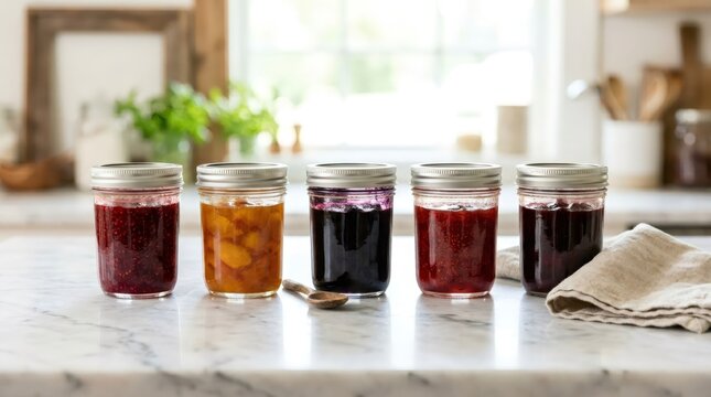 Glass jar with assorted fruit jam standing on marble kitchen counter. Homemade preserves, berry marmalade and peach spread. Natural organic food products for breakfast and healthy diet.