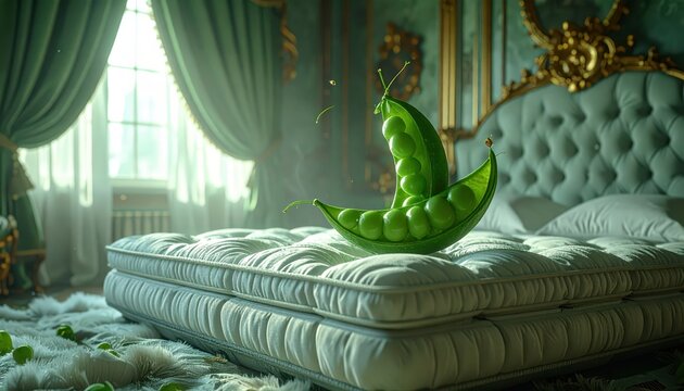 Giant Green Pea Pod Resting Upon a Luxurious Mattress in a Softly Lit Room