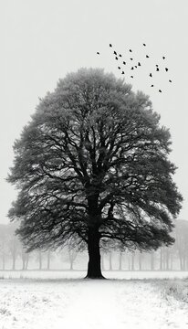 Vector silhouette drawing of winter tree for Christmas themed design
