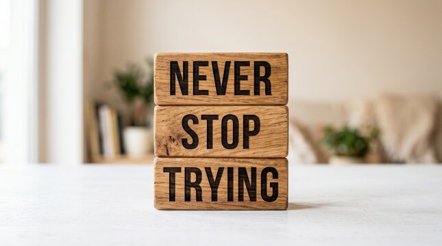 Stacked wooden blocks with never stop trying motivational message on white desk in bright natural light