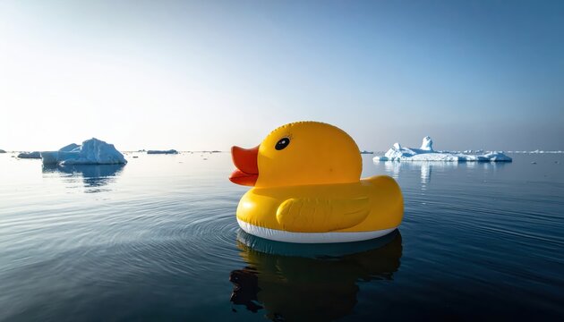 Giant inflatable yellow duck floats serenely on the calm ocean amidst distant icebergs under a clear blue sky.