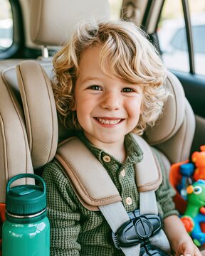 Curly toddler smiling in a padded child car seat during a safe family road trip