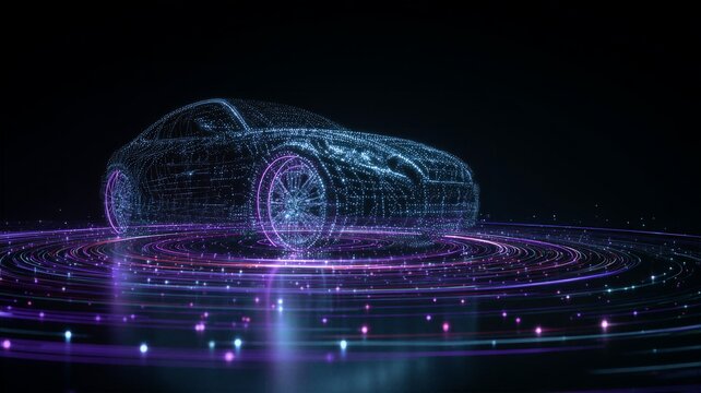 Futuristic glowing wireframe sports car hologram on circular neon light stage