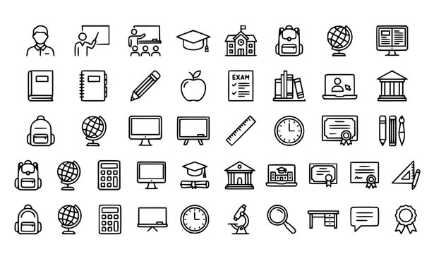 School education and university e-learning line icons set with graduation cap certificate book calculator and classroom items vector illustration