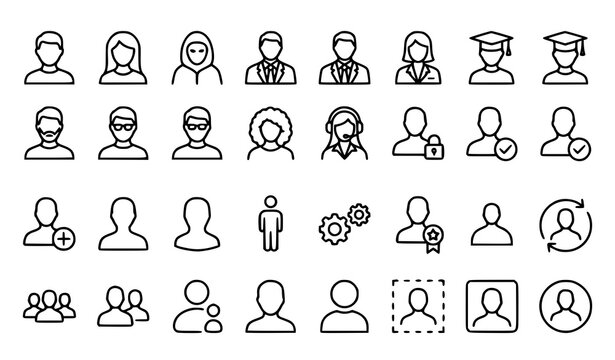 User profile avatar and corporate team people linear outline icons set featuring business accounts students and support operators vector illustration