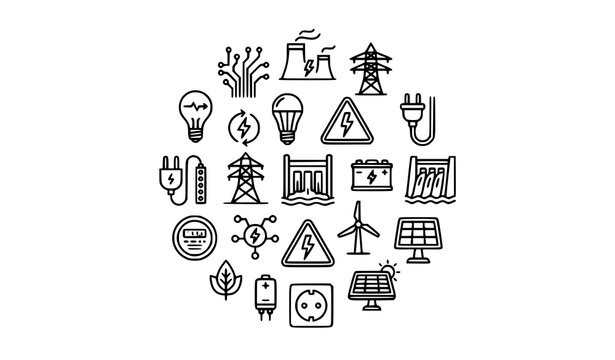 Electricity power and green energy line icons set arranged in circle with solar panel wind turbine dam and plug vector illustration