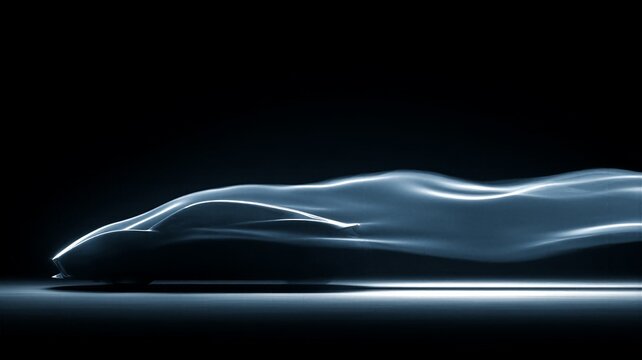 Abstract aerodynamic sports car silhouette formed by flowing blue light streaks on dark background