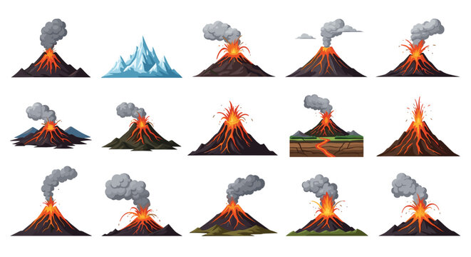 Large set of various volcanic eruptions showing different stages of lava flow, ash clouds, and mountain shapes.