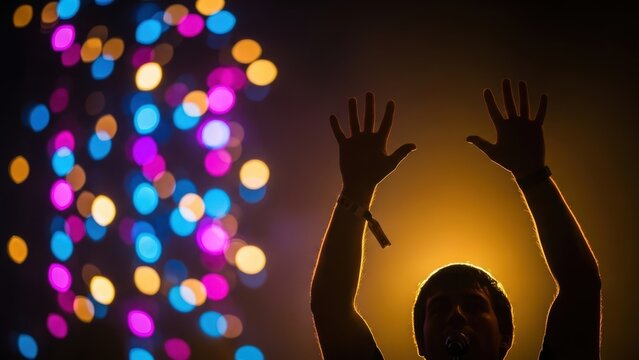 Concert goer lifts arms against background of colorful bokeh.