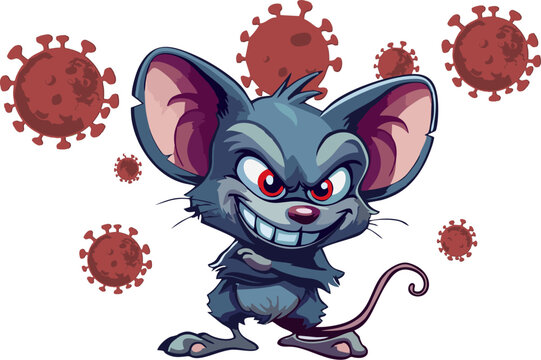 Vector illustration of a scary-faced evil rat surrounded by red virus particles, depicting rats as rodents that carry the dangerous hantavirus infection.