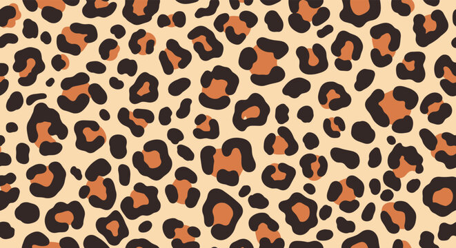 Seamless wild leopard fur print pattern with black and brown spots on a warm beige background for fashion and textile design.