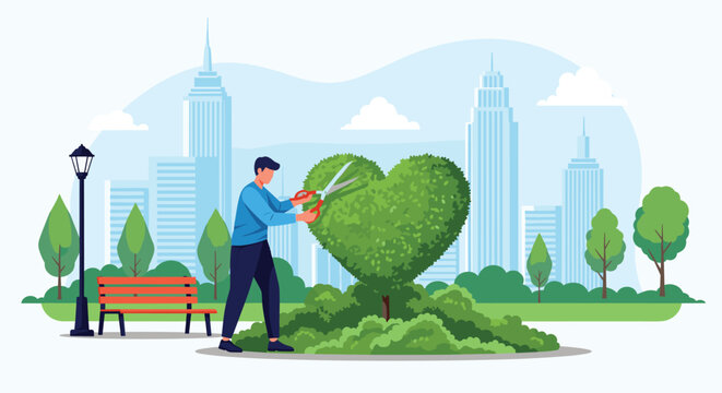 Gardener using large shears to prune a heart-shaped topiary bush in a modern city park with skyscrapers in the background.