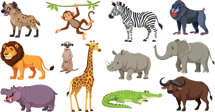African Safari Wild Animal Illustration Set with Lion, Elephant, Giraffe, and Zebra Characters for Children Educational Books, Zoo Banners, and Kids Room Wallpaper Designs