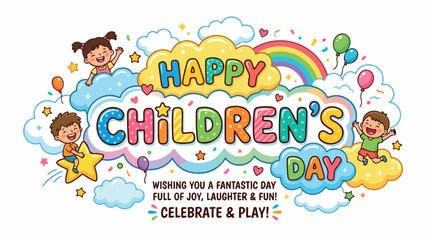 Fototapeta premium Colorful children's day celebration banner with joyful cartoon kids, rainbow and fluffy clouds in a playful illustration