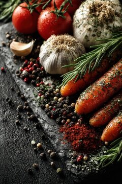 Vegetables and spices on black surface, top-down layout with empty space for text, dramatic lighting