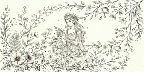 Vintage grunge floral pattern design on old paper texture background with winter snowflake elements © MDSyedAhmed