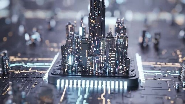A futuristic miniature city built upon a glowing electronic circuit board processor