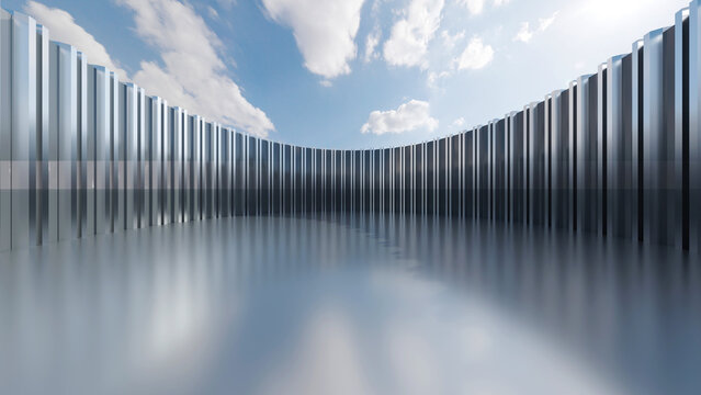 Modern curved silver metallic wall structure with reflective empty floor. 3D render background for futuristic corporate business, showroom, and technology design