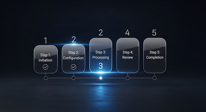Numbered process flow diagram with circular steps and connecting lines dark background