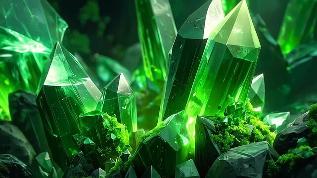 A cluster of glowing green crystals emerges from dark rocky ground in a cavern