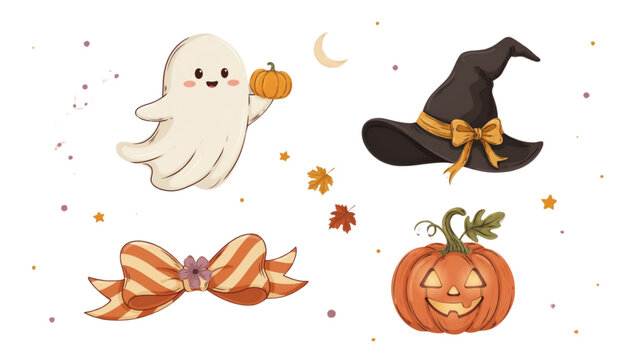 Halloween-themed illustration with jack-o'-lantern, ghost, witch hat, and candy corn Vector