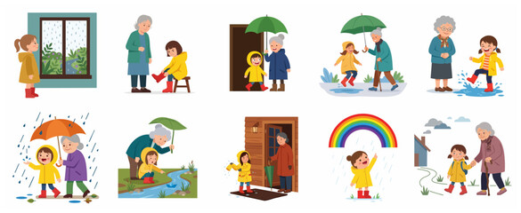 Fototapeta premium Vector Illustration Set of Grandmother and Granddaughter Bonding During Rainy Day Activities