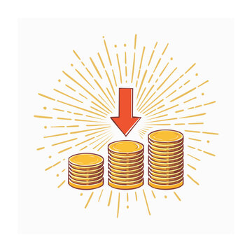 Stack of coins with a downward arrow and sunburst