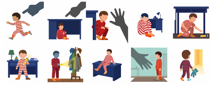 Set of illustrations depicting childhood fears and nightmares, little boy in pajamas hiding from scary shadows at night