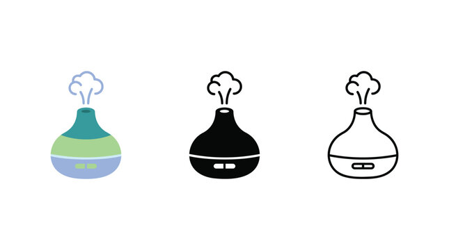 Essential oil diffuser icons with steam vapor in flat solid and outline style variations.