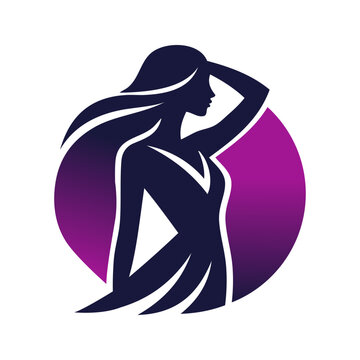Logo de boutique de moda femenina. Dibujo con silueta de mujer de perfil con un vestido y una mano en la cabeza, con un c&iacute;rculo de fondo en color degradado 