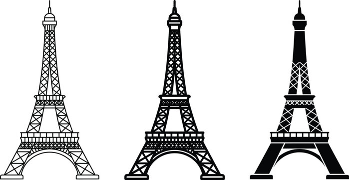 Eiffel Tower, iconic Paris landmarks, black and white vector illustrations, 3 styles