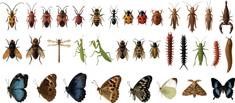Realistic Entomology Biology Chart Vector Illustration Set with Detailed Beetles, Butterflies, and Insect Specimens for Academic Research, Education, and School Textbook Graphics