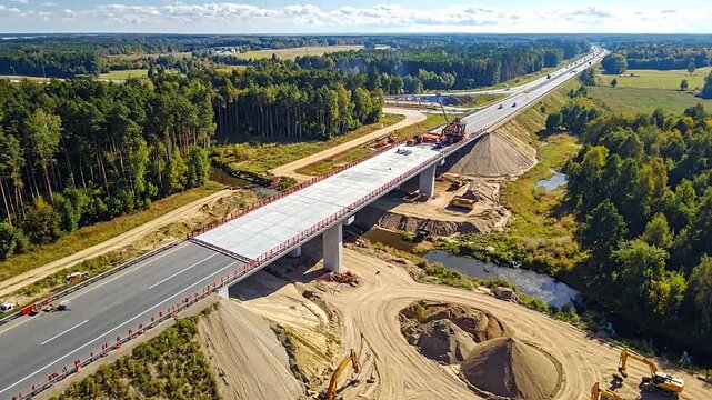 An aerial view of a highway bridge under construction in a rural landscape