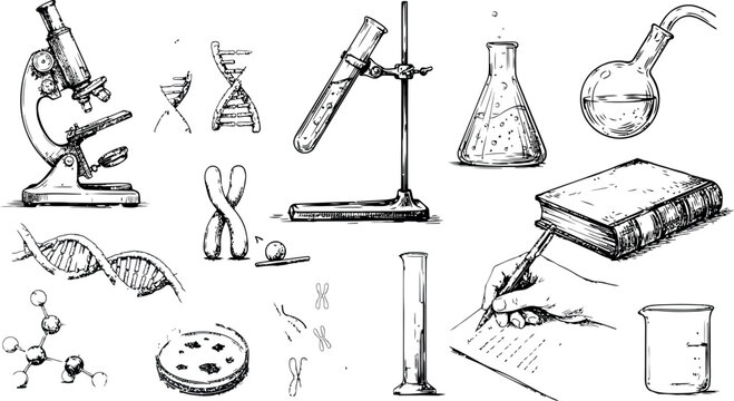 Vintage Hand Drawn Science Laboratory Equipment Vector Set with Microscope, Flasks, DNA, and Research Elements for Chemistry, Biology, and Educational Projects
