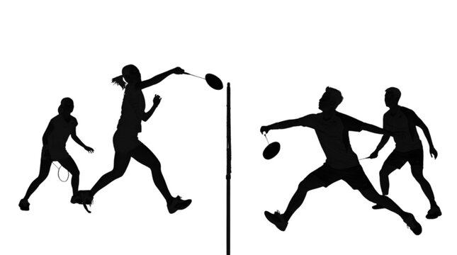 Two athletes playing frisbee in silhouette style