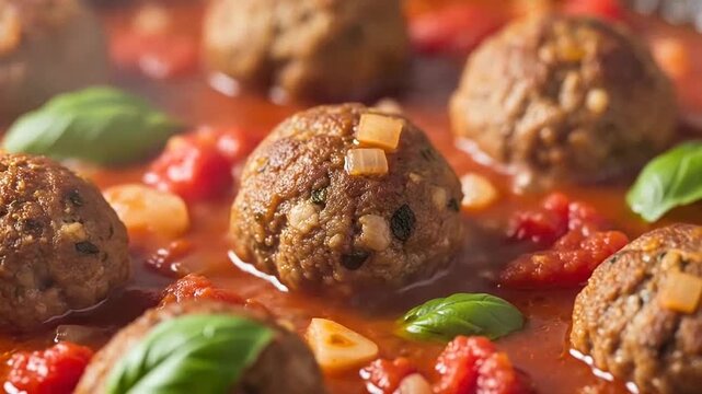 A close up view of savory meatballs simmering in a rich and vibrant tomato sauce