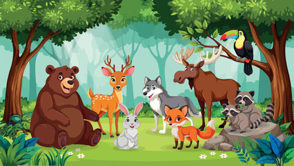 Naklejka premium Woodland Forest Animals Background Vector Illustration Featuring Cartoon Bear Deer Rabbit Fox Wolf Moose Raccoon and Toucan Bird in a Lush Green Jungle Landscape