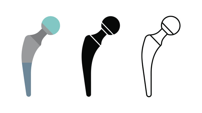 Hip prosthesis joint replacement set in flat solid and line art styles for medical design.