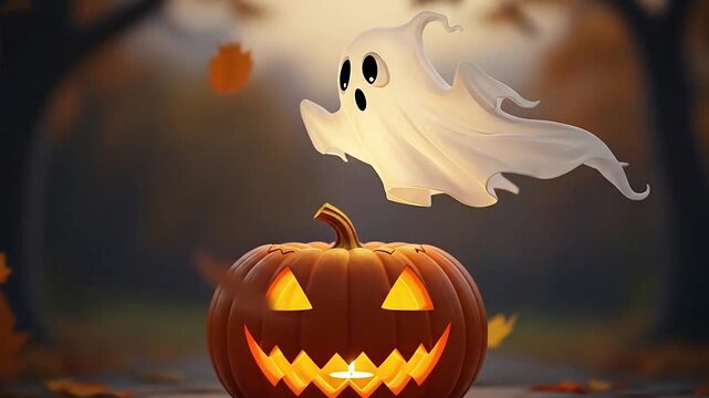 A cute white ghost floats above a glowing orange carved pumpkin in the autumn woods